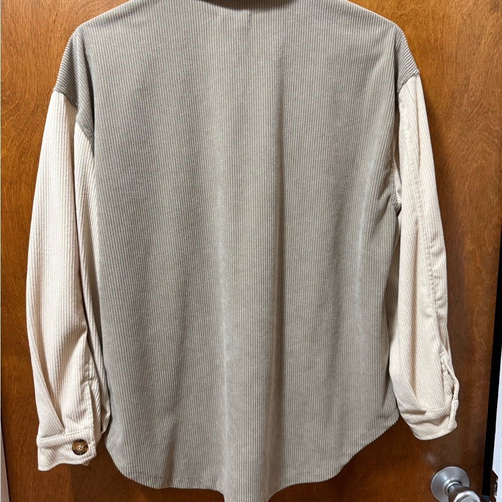 Simply Southern Color Block Corduroy Shacket Taupe Cream Button Front Small - Picture 2 of 4